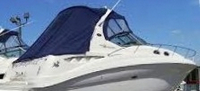 Photo of Sea Ray 320 Sundancer, 2003: Bimini Top, Bimini Visor, Bimini Side Curtains, Sunshade, Sunshade Enclosure Curtains Blue, viewed from Starboard Rear 