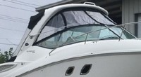 Photo of Sea Ray 330 Sundancer, 2013: Hard-Top, Visor, Side Curtains, Sunshade Top Aft Enclosure Curtains, viewed from Starboard Front 