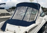 Photo of Sea Ray 330 Sundancer, 2015: Hard-Top, Visor, Side Curtains, Sunshade Top Aft Enclosure Curtains, viewed from Starboard Rear 