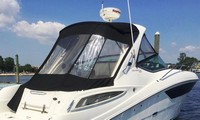 Photo of Sea Ray 330 Sundancer, 2016: Hard-Top, Visor, Side Curtains, Sunshade Top Aft Enclosure Curtains, viewed from Starboard Rear 