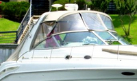 Sea Ray® 340 Sundancer Bimini-Top-Canvas-Frame-Zippered-Seamark-OEM-G2™ Factory BIMINI-TOP CANVAS on FRAME with Zippers for OEM front Visor and Curtains (not included) with Mounting Hardware (no boot cover) (this Bimini-Top may have been SeaMark(r) vinyl-lined Sunbrella(r) prior to 2008 through 2018, now they are Sunbrella(r) to avoid mold issues), OEM (Original Equipment Manufacturer)