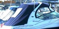 Sea Ray® 355 Sundancer Bimini-Top-Canvas-Frame-Zippered-Seamark-OEM-G1™ Factory BIMINI-TOP CANVAS on FRAME with Zippers for OEM front Visor and Curtains (not included) with Mounting Hardware (no boot cover) (this Bimini-Top may have been SeaMark(r) vinyl-lined Sunbrella(r) prior to 2008 through 2018, now they are Sunbrella(r) to avoid mold issues), OEM (Original Equipment Manufacturer)