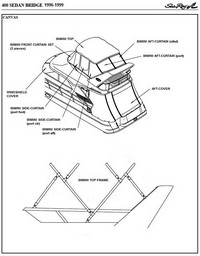 Photo of Sea Ray 400 Sedan Bridge, 1996-1997-1998-1999: 1 parts manual Canvas drawing, Bimini Top, Bimini, Front, Side and Aft Curtains, Aft Cockpit Cover WindShield Cover 