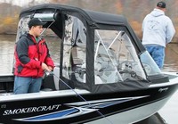 Photo of Smoker Craft 172 Osprey, 2014: Convertible Top Convertible Side Curtains, Aft Curtain Zipped Open Black Polyester, viewed from Starboard Rear 