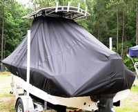 Tidewater® 196CC T-Top-Boat-Cover-Sunbrella-1099™ Custom fit TTopCover(tm) (Sunbrella(r) 9.25oz./sq.yd. solution dyed acrylic fabric) attaches beneath factory installed T-Top or Hard-Top to cover entire boat and motor(s)