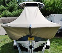 Tidewater® 220CC T-Top-Boat-Cover-Sunbrella-1399™ Custom fit TTopCover(tm) (Sunbrella(r) 9.25oz./sq.yd. solution dyed acrylic fabric) attaches beneath factory installed T-Top or Hard-Top to cover entire boat and motor(s)