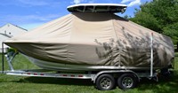 Tidewater® 220LXF T-Top-Boat-Cover-Sunbrella-1399™ Custom fit TTopCover(tm) (Sunbrella(r) 9.25oz./sq.yd. solution dyed acrylic fabric) attaches beneath factory installed T-Top or Hard-Top to cover entire boat and motor(s)