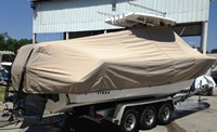 Photo of Tidewater® 280CC 20xx TTopCover™ T-Top boat cover with optional Aft Motor Tie Down Loops and Straps, viewed from Starboard Rear 